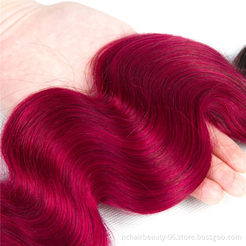 1B/Burgundy Ombre Body Wave Bundles With Frontal Closure 2 Tone Non Remy Brazilian Hair Weave Colored 3 Bundles With Frontal